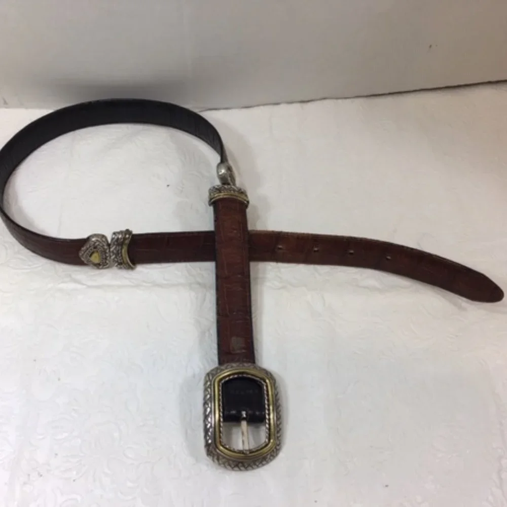 Brighton Brown Black Reversible Two-Toned Leather Croco-Look Belt Small